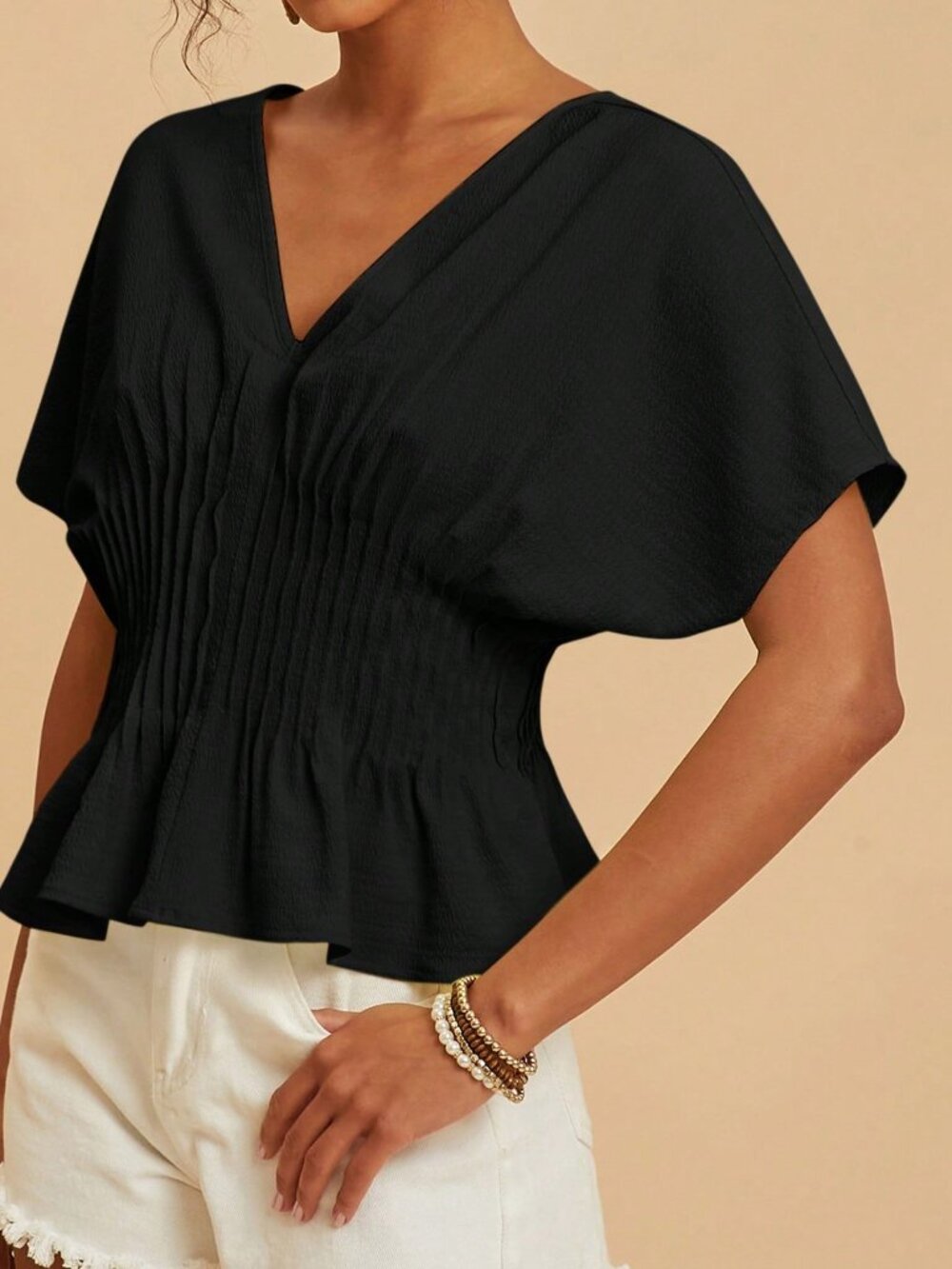 Black Casual Women's Cinched Waist Batwing Sleeve Top - Picture 5 of 6